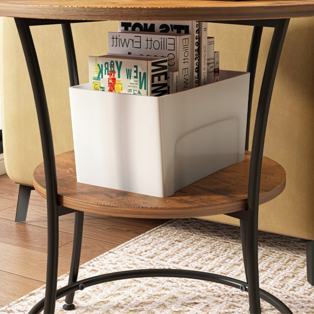 Stolik kawowy industrialny okrągły z półką brąz loft 55 cm