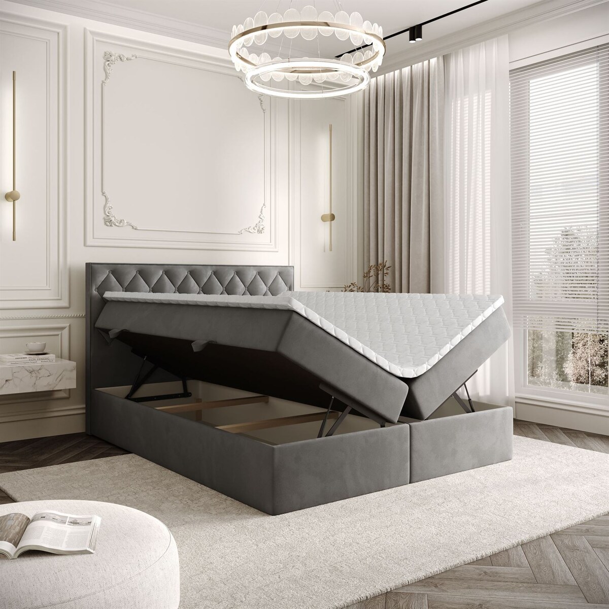 Łóżko kontynentalne INEZ, pojemnik na pościel, 180x200, Royal Velvet 250, topper