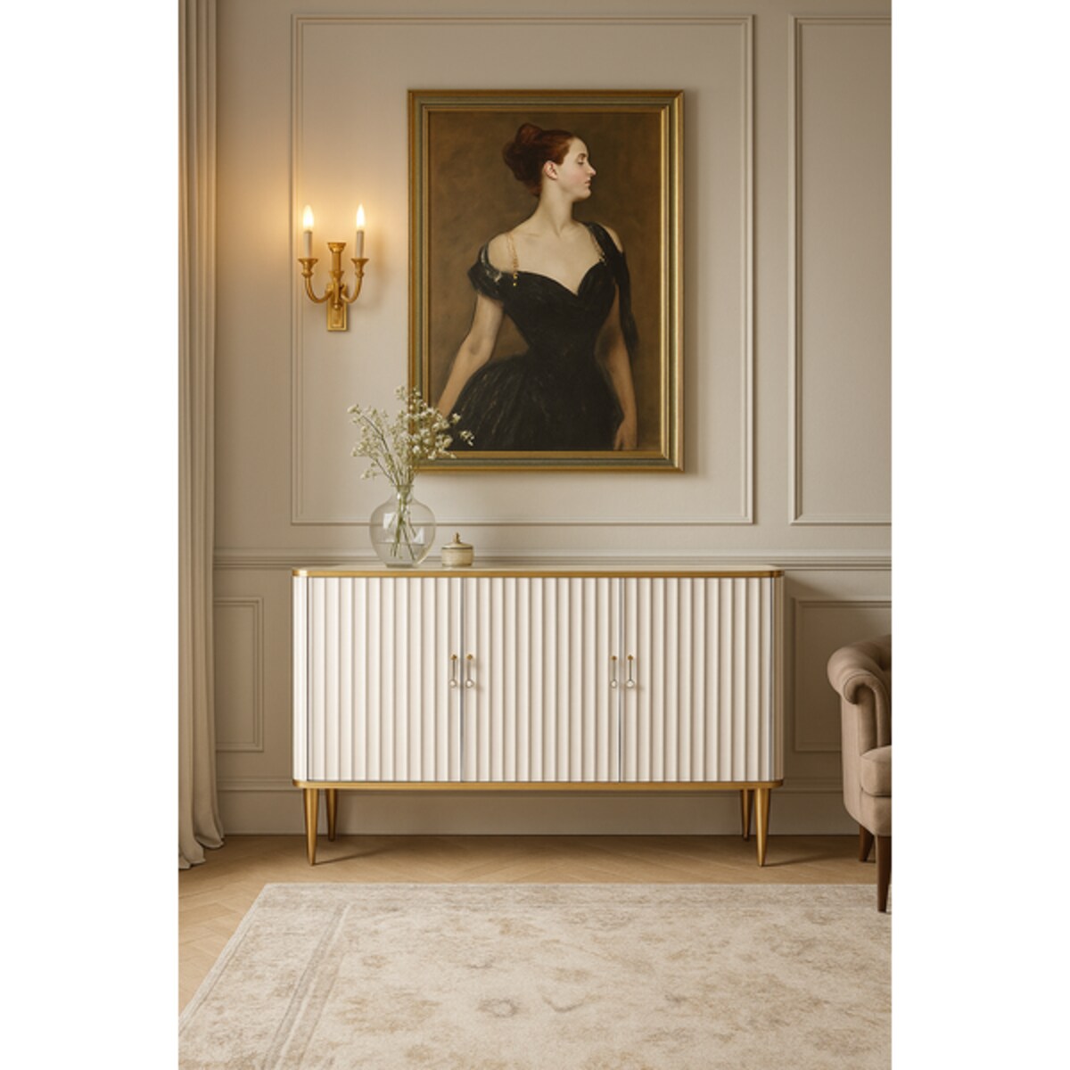 Złota komoda ryflowana Agi 160x40x87