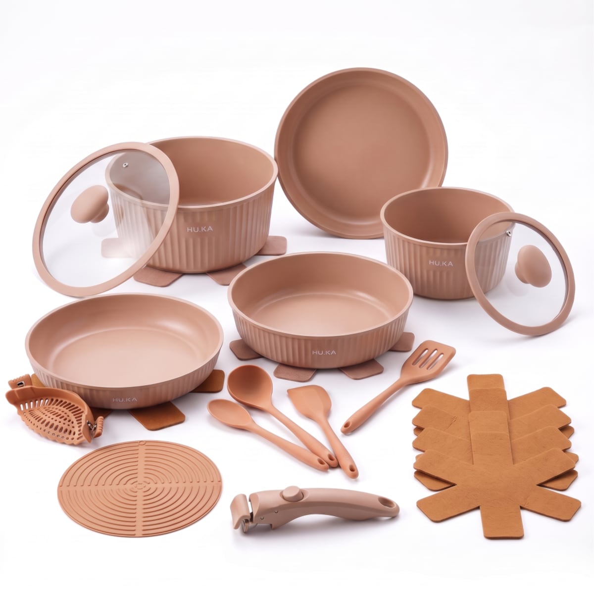 Zestaw garnków i patelni 20 el. HU.KA Nestio odpinana rączka indukcja - Warm Clay