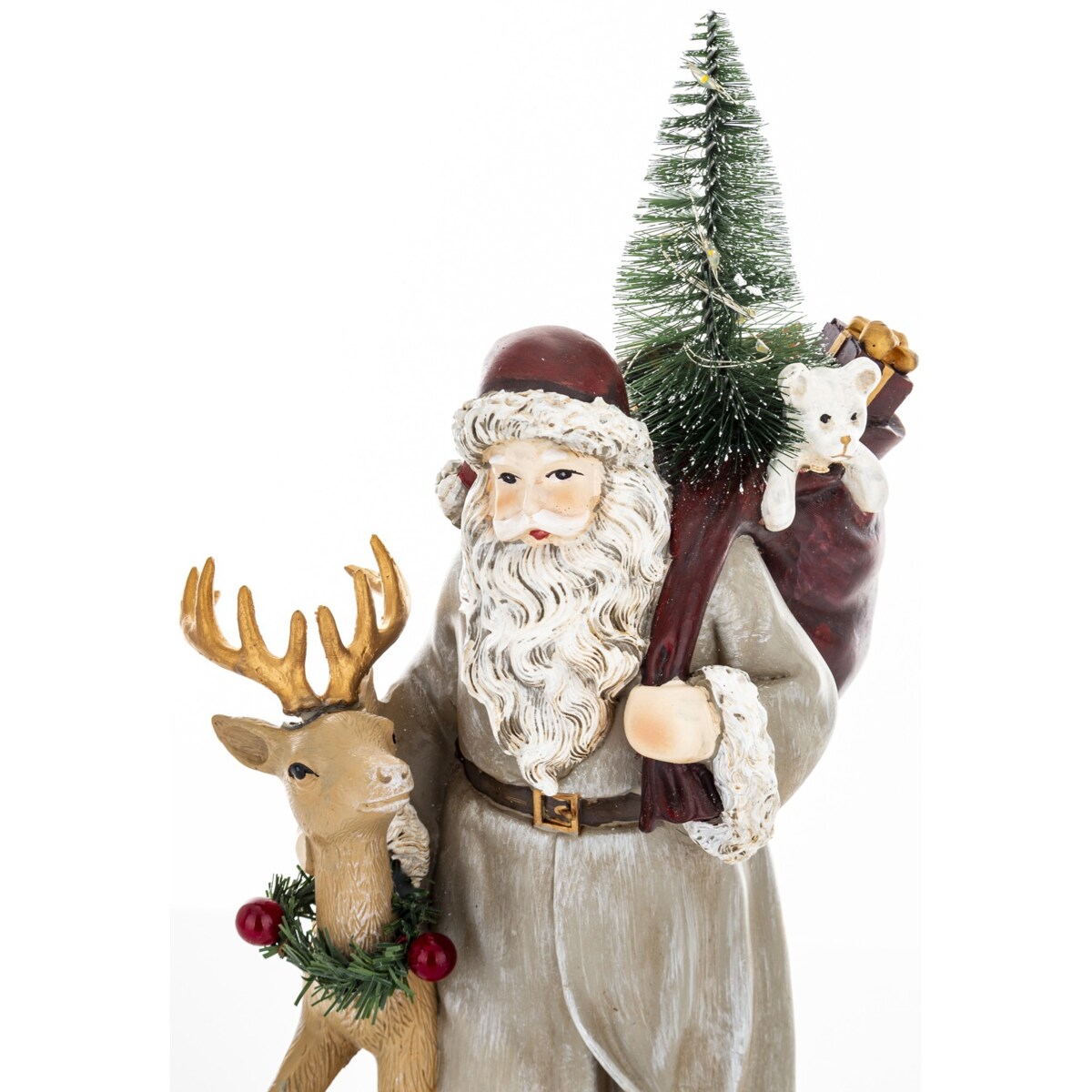 Figurka - Mikołaj LED z jelonkiem i workiem na plecach 29x14x14 cm
