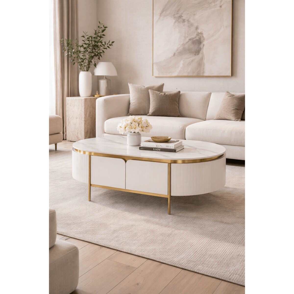 Owalny stolik kawowy glamour ecru Bueno ryflowany 122x70x45