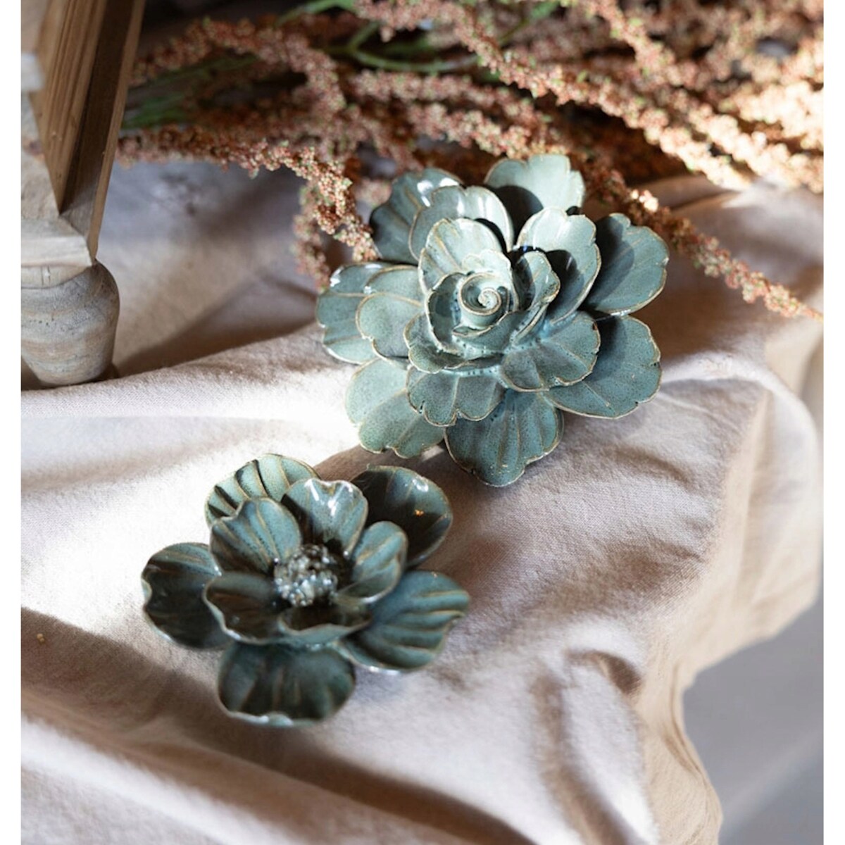 FIGURKA KWIAT CERAMICZNA DEKORACYJNA ZIELONA 10cm KWIATEK BOHO DEKORACJA