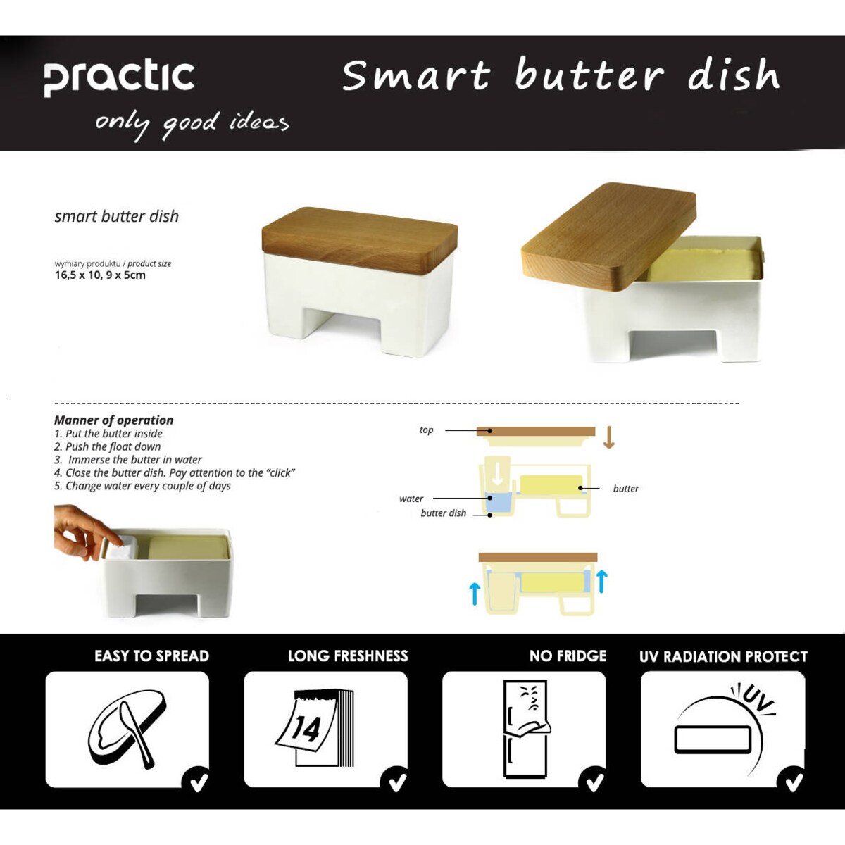 Maselniczka na wodę z drewnianą pokrywą, 16 x 10 x 10 cm