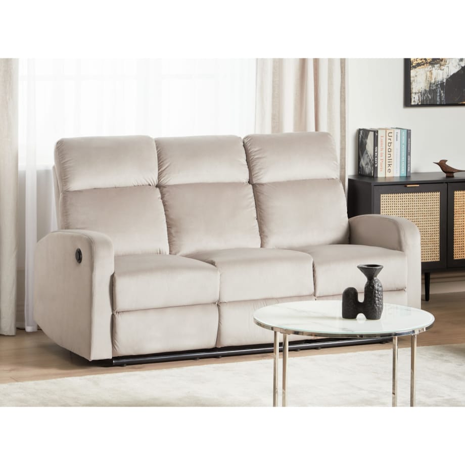 Sofa z elektryczną funkcją relaksu VERDAL Welur Beżowoszary dla 3 osób