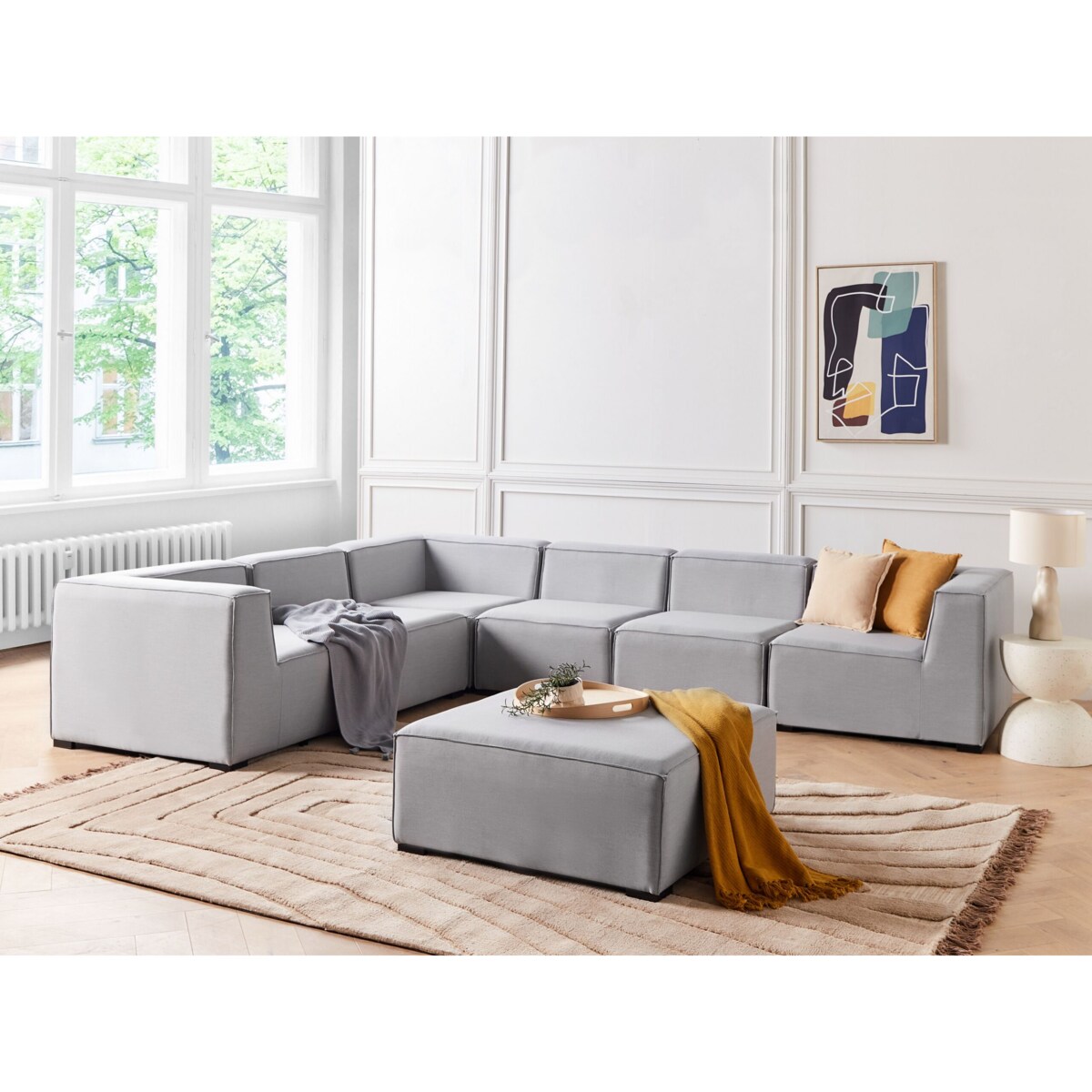 Narożnik ogrodowy z otomaną dla 7 osób AREZZO Prawostronny Modułowy Jasnoszary