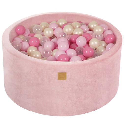 MeowBaby® Velvet Pudrowyróż Okrągły Suchy Basen 90x40cm dla Dziecka, piłki: Pastelowy róż/Jasny róż/Transparent/Biała perła