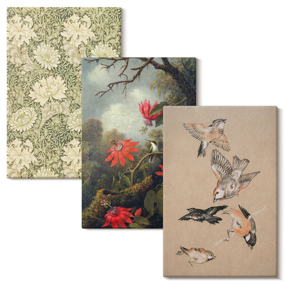 Zestaw 3 małych obrazów na płótnie - Kwiaty ptaki przyroda natura - zielony