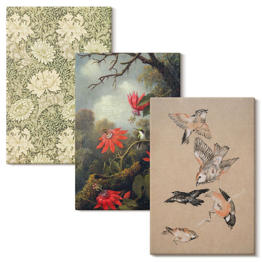 Zestaw 3 małych obrazów na płótnie - Kwiaty ptaki przyroda natura - zielony