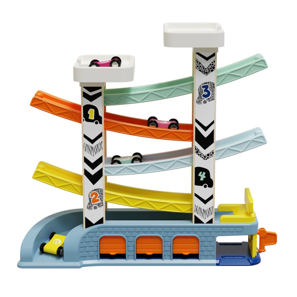 Tor wyścigowy dla dzieci – zjeżdżalnia z autami, garażami i stacją benzynową 18 mies.+ Top Bright