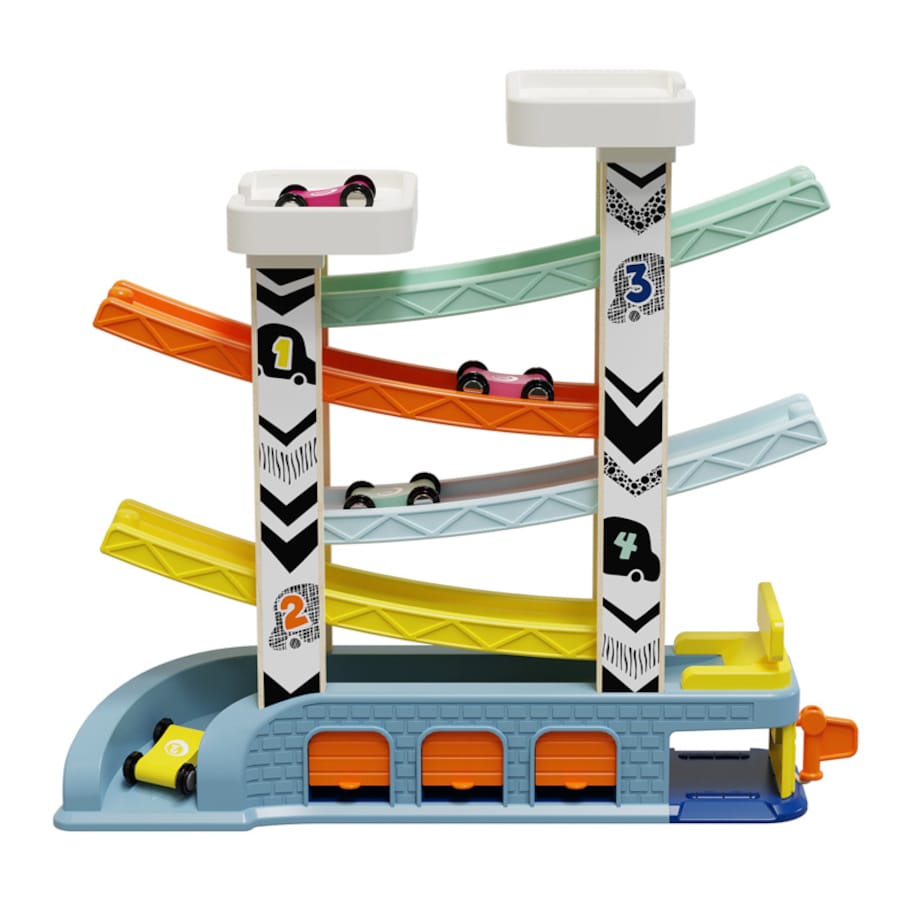 Tor wyścigowy dla dzieci – zjeżdżalnia z autami, garażami i stacją benzynową 18 mies.+ Top Bright
