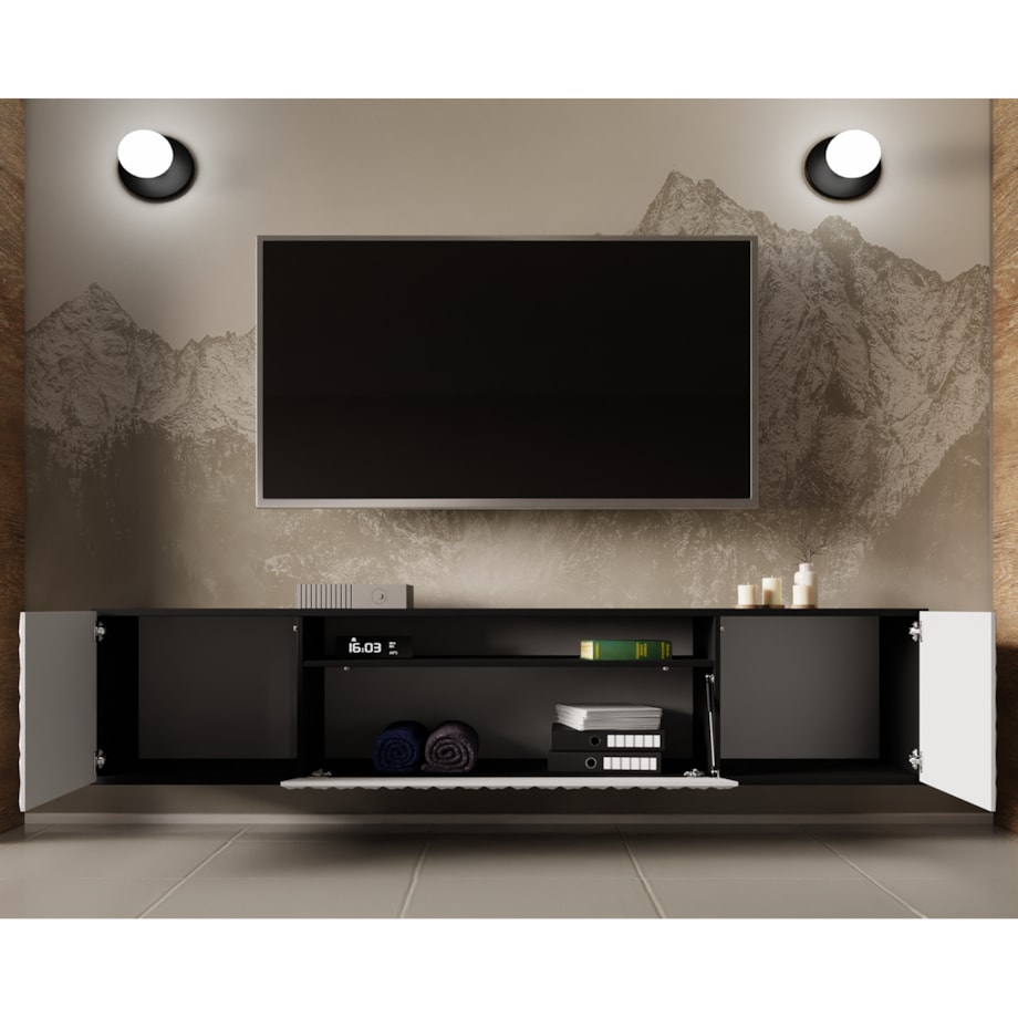 Szafka RTV ALI 200 cm, wisząca,z ozdobnymi frontami do salonu- frot biały