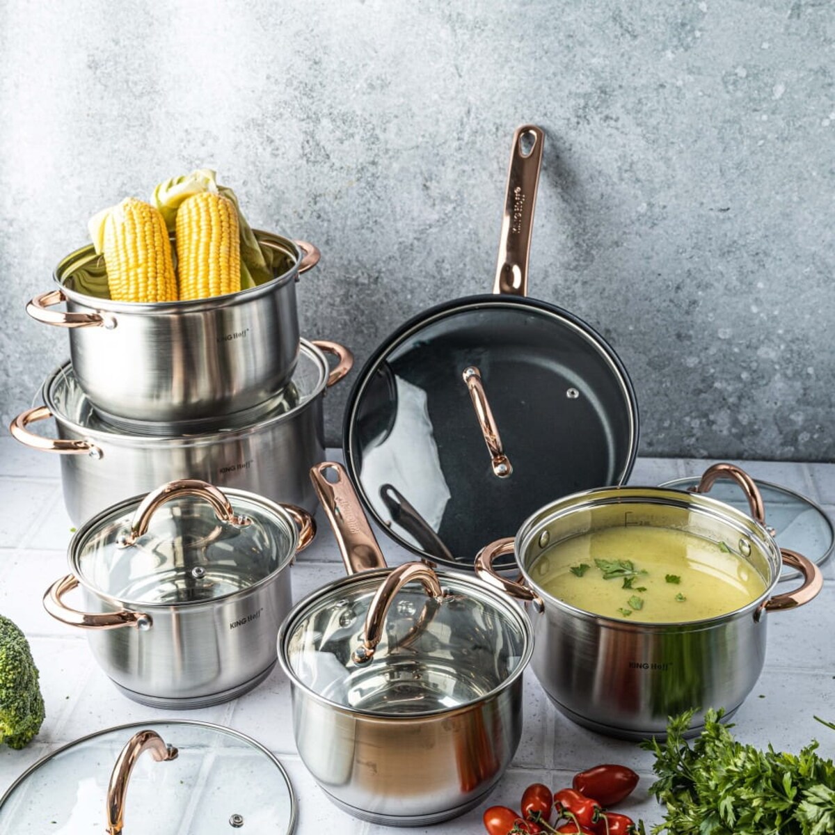 Zestaw garnków stalowych 12 elementów garnki na indukcję komplet Rosegold KINGHOFF