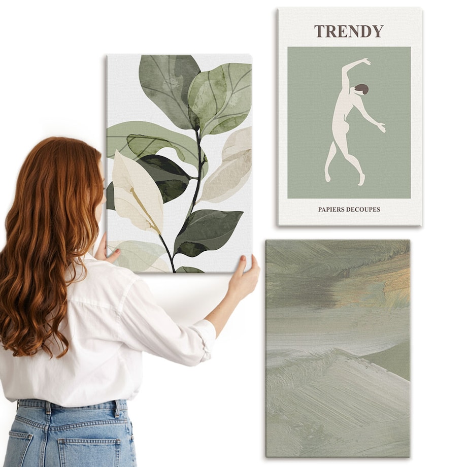 Zestaw 3 dużych obrazów na płótnie - Roślinne wzory sylwetki abstrakcji - zielony