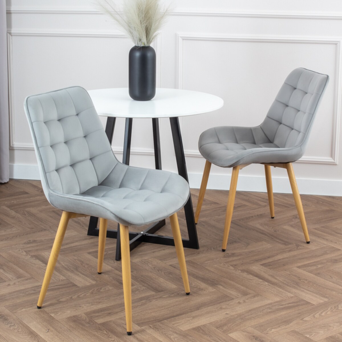 Krzesło tapicerowane do salonu jadalni pikowane welurowe szare