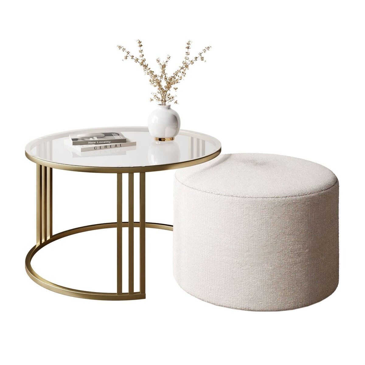 Stolik kawowy z pufą LORI GLASS złoto szczotkowane, przezroczyste szkło / Perfect Harmony 01