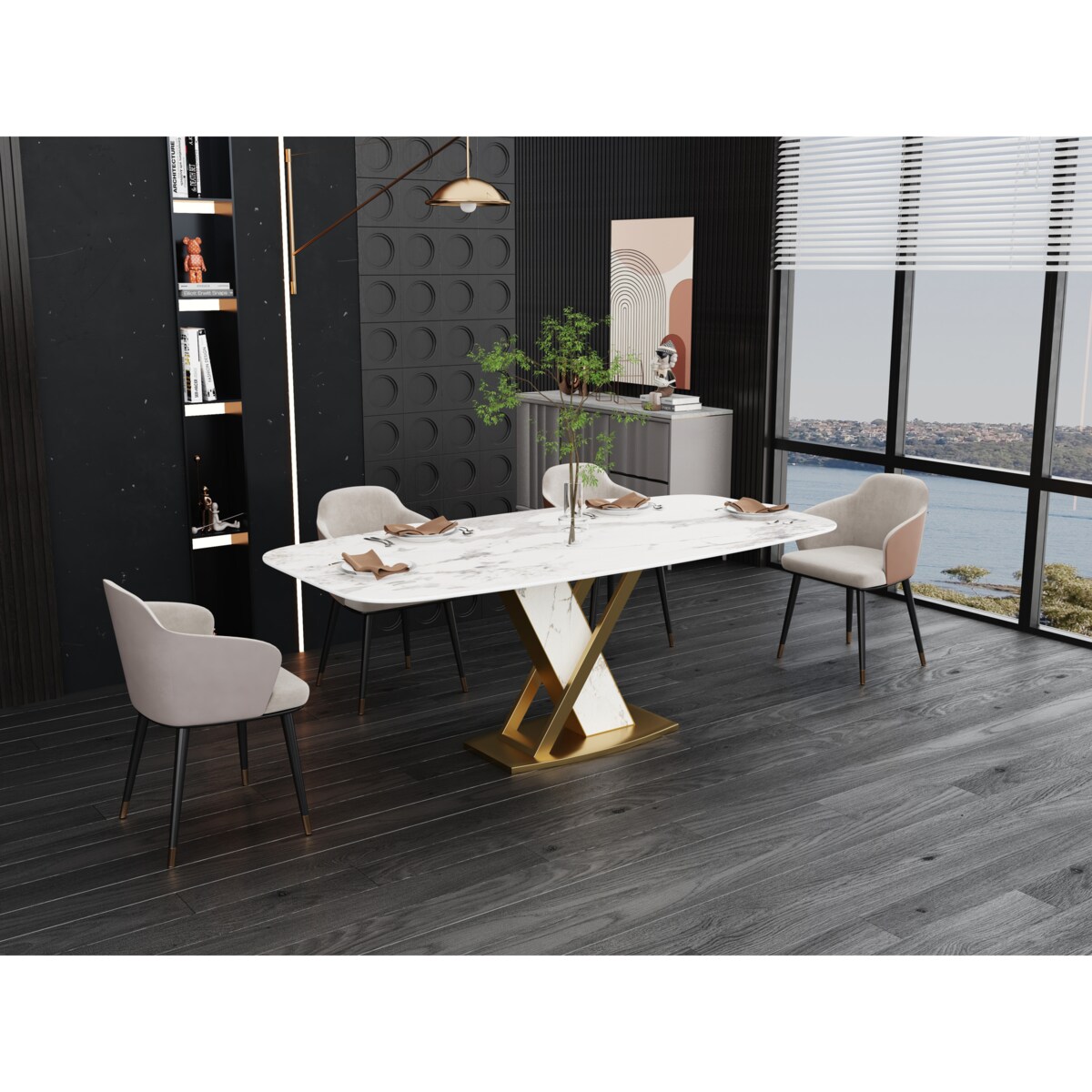 Stół złoty prostokątny Glamour Nowojorski Florencja z kamiennym blatem o wzorze marmuru 180x90x75