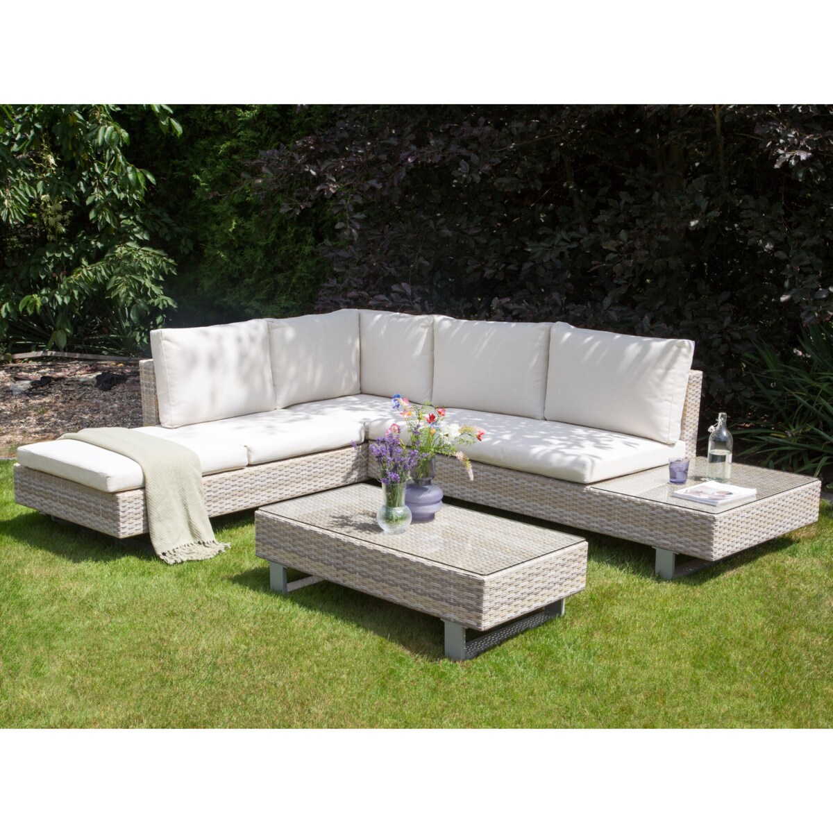 Narożnik ogrodowy ze stolikiem dla 5 osób LANCIANO Prawostronny Technorattan Złamana biel