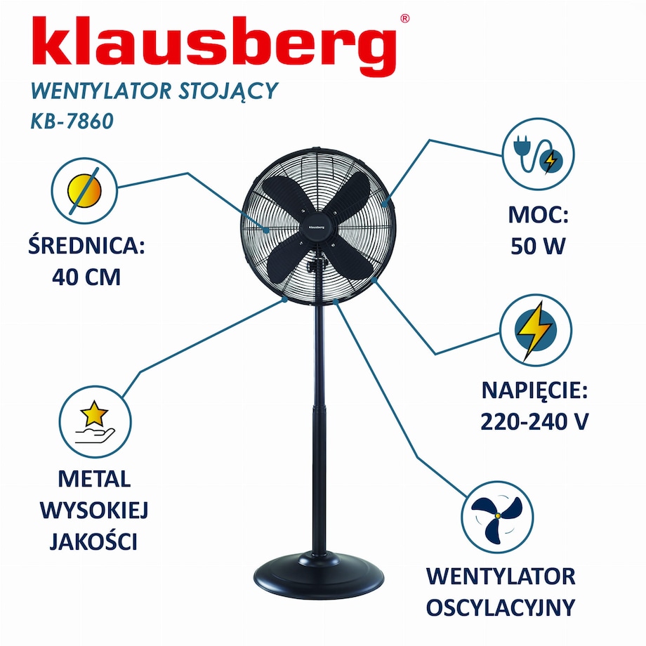 Wentylator stojący podłogowy 40cm 50W metalowy czarny KLAUSBERG