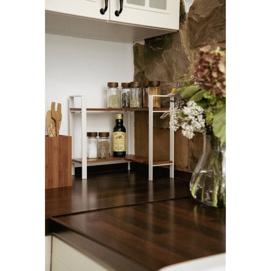 Narożna, dwupoziomowa półka kuchenna na blat LOUISA, drewno akacji