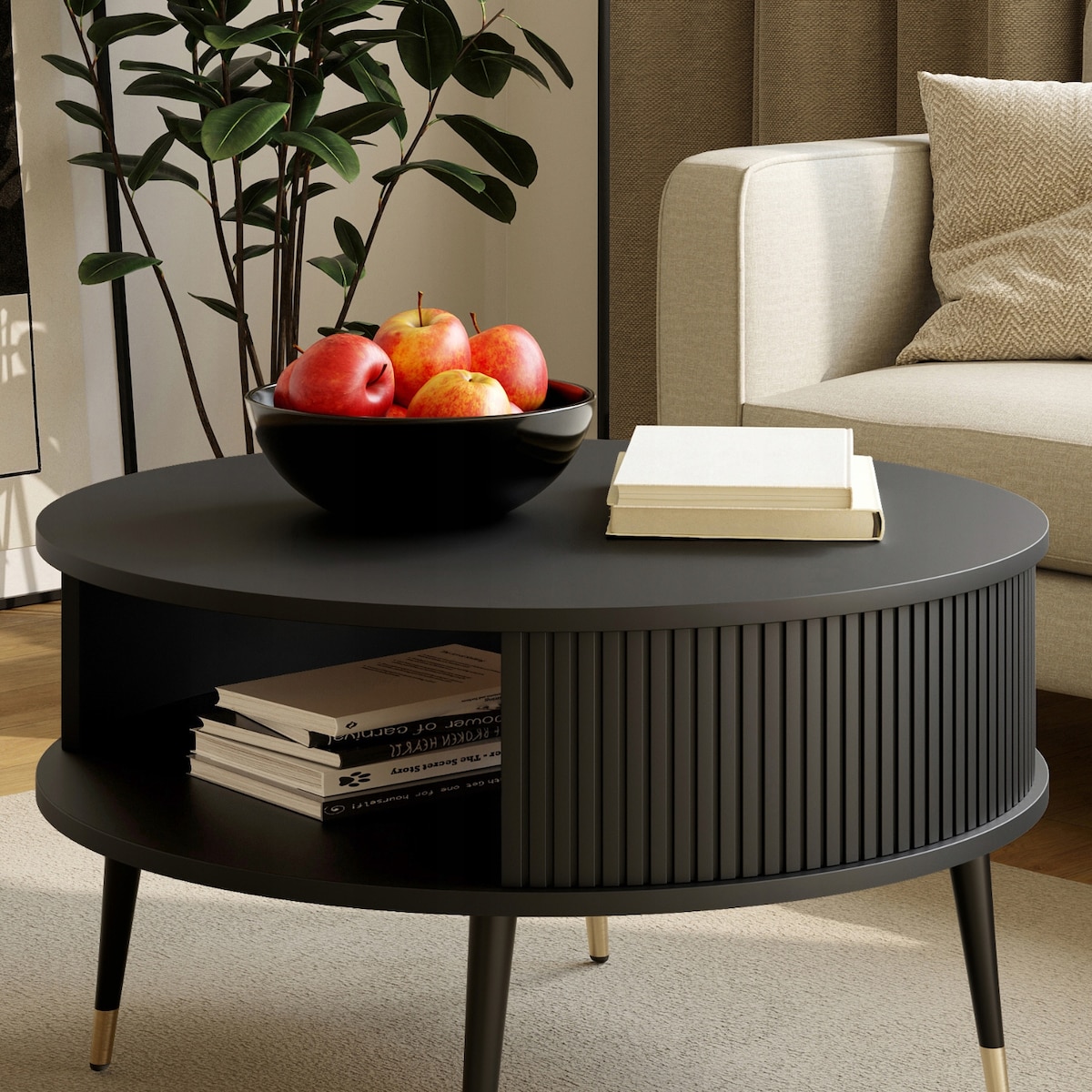 Stolik Kawowy CZARNY Lamele Okrągły VERLO LUX 76 cm Loft Salon ZŁOTE NOGI