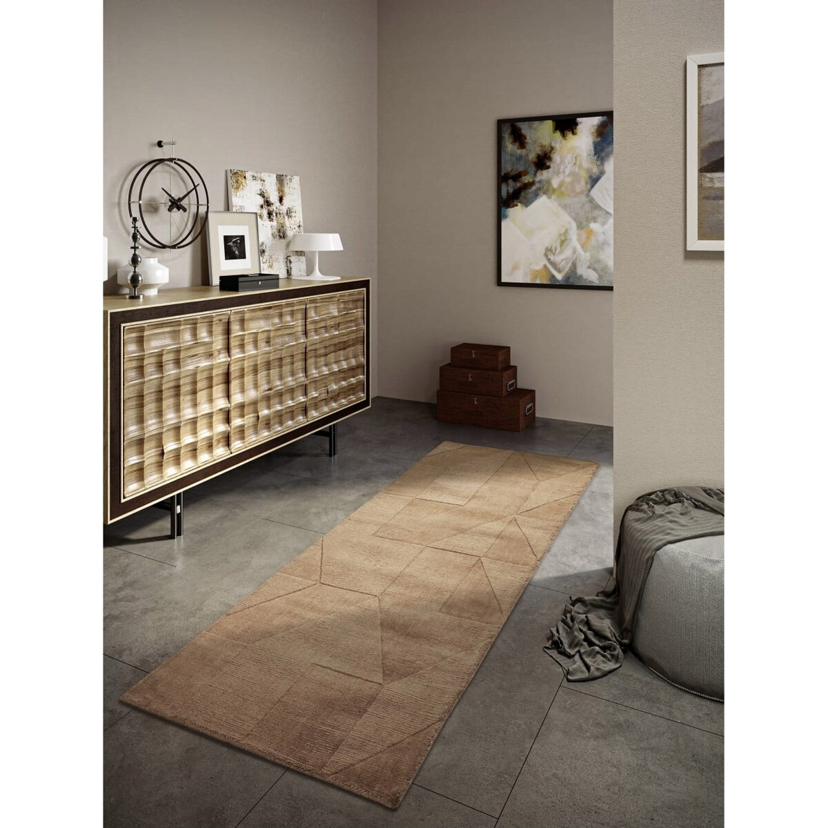 Chodnik wełniany do korytarza 80x250cm, brązowy nowoczesny wzór 3D