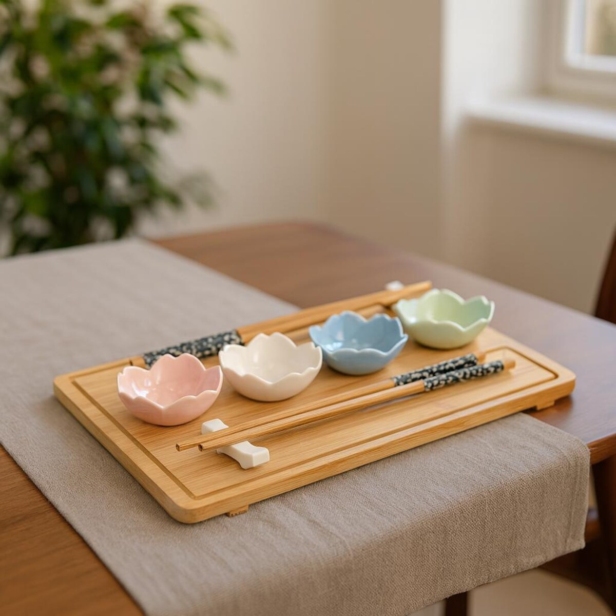 Zestaw do serwowania sushi z 4 porcelanowymi miseczkami
