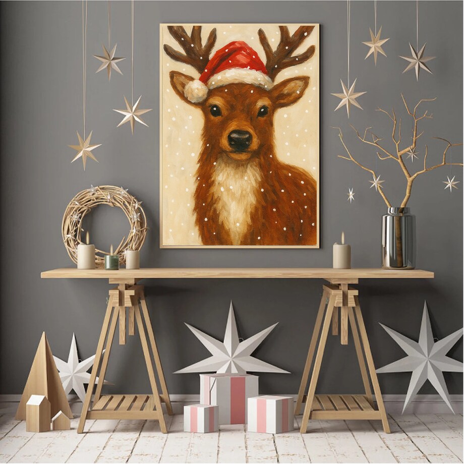 Poster Story, Plakat, Obraz - Świąteczny Renifer w Czapce Mikołaja w Płatkach Śniegu, wymiary 30 x 42 cm