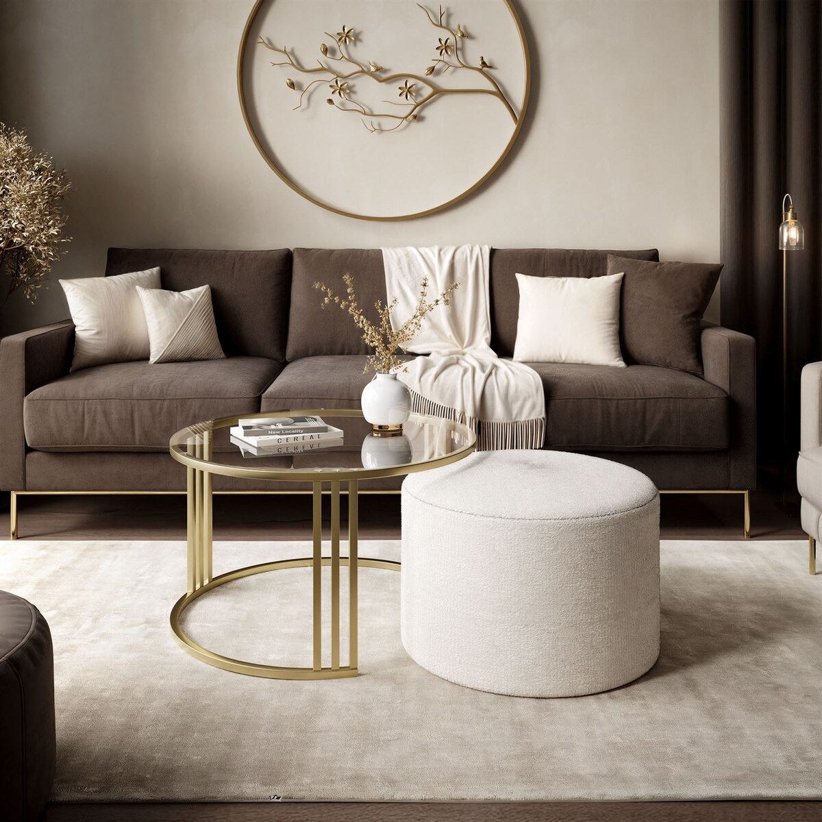 Stolik kawowy z pufą LORI GLASS złoto szczotkowane, przezroczyste szkło / Perfect Harmony 01