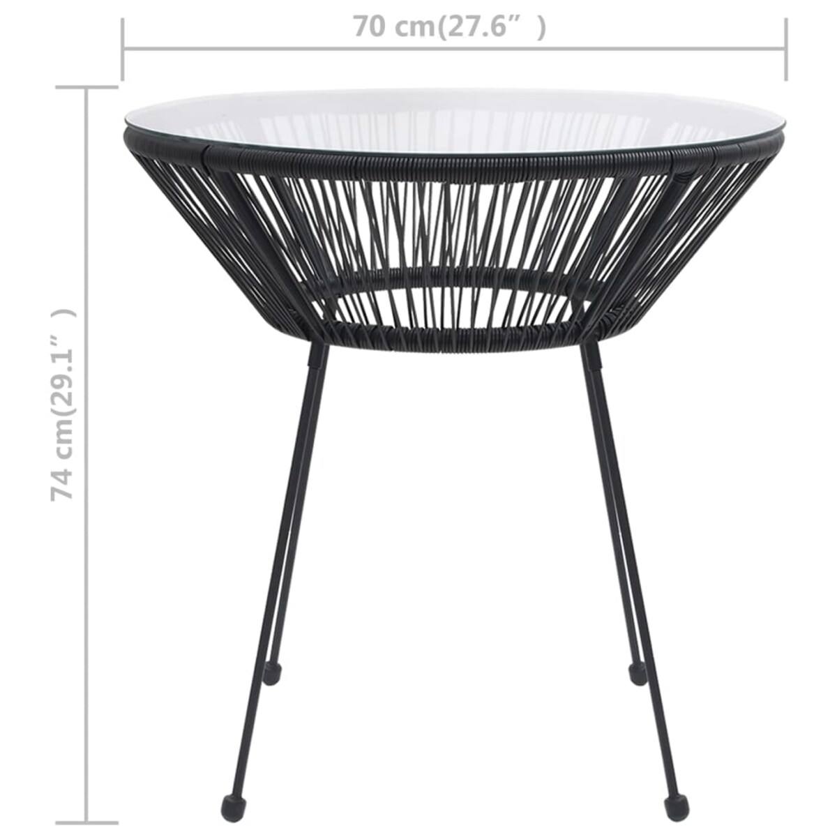 vidaXL Stolik ogrodowy, czarny, Ø70x74 cm, rattan i szkło