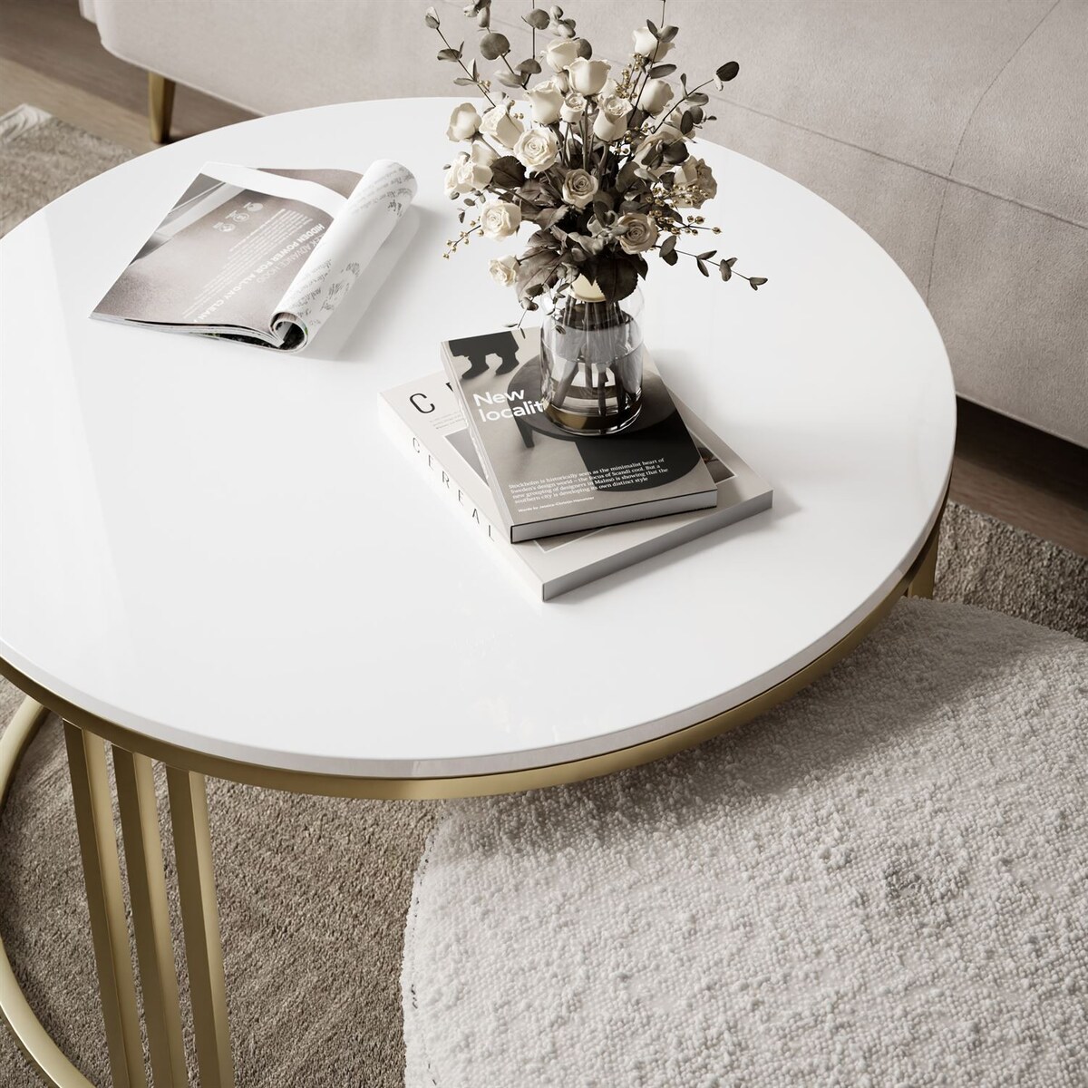 Stolik kawowy z pufą LORI POŁYSK złoto szczotkowane, biały / Coral 65