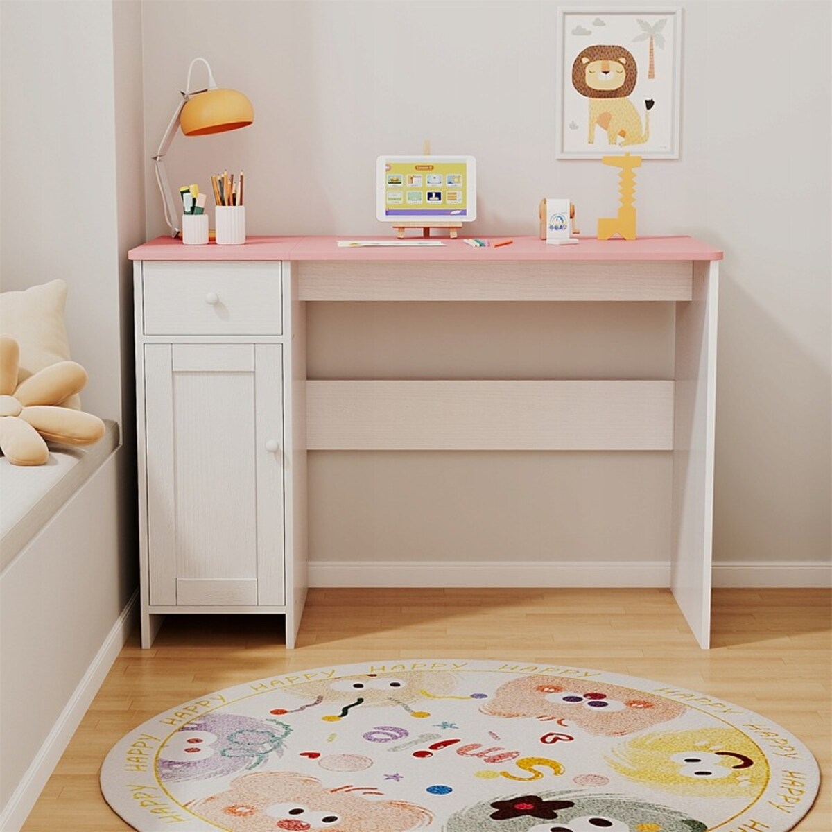 Biurko białe z szufladą szafką dla dziewczyny z różowym blatem loft pojemne