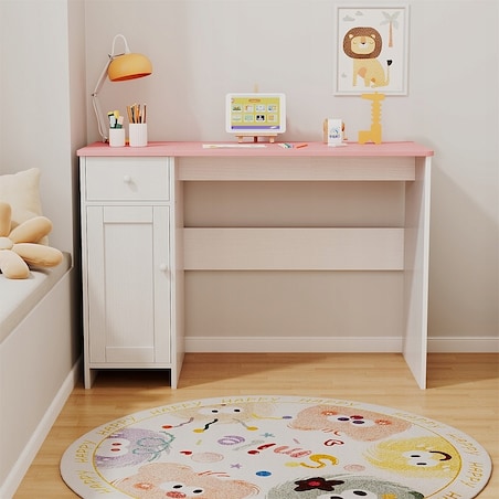 Biurko białe z szufladą szafką dla dziewczyny z różowym blatem loft pojemne