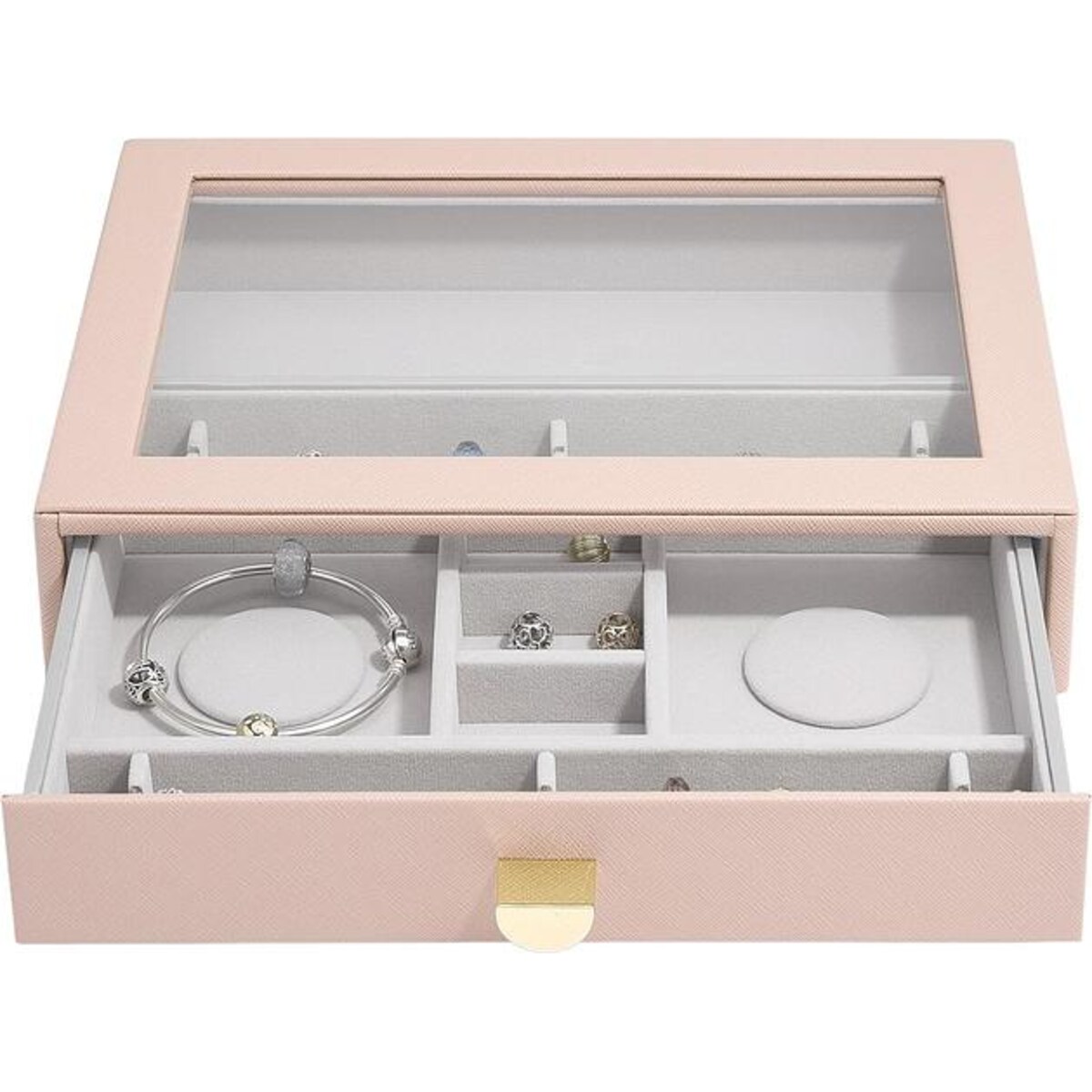 Szkatułka na charmsy Stackers classic różowa z szufladą i szklaną pokrywką