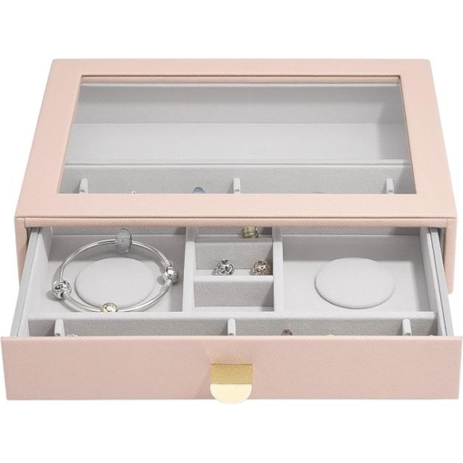 Szkatułka na charmsy Stackers classic różowa z szufladą i szklaną pokrywką