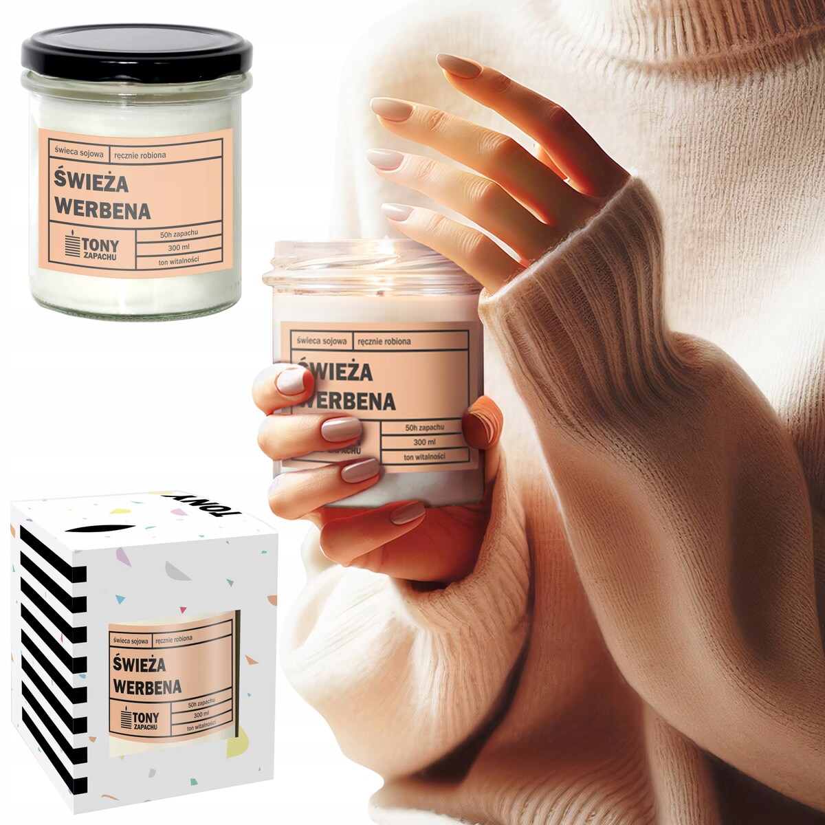 Świeca sojowa naturalna zapachowa ŚWIEŻA WERBENA- najlepsza aromatyczna bezpieczna ręcznie robiona w szklanym słoiczku 300ml 50h palenia na prezent upominek