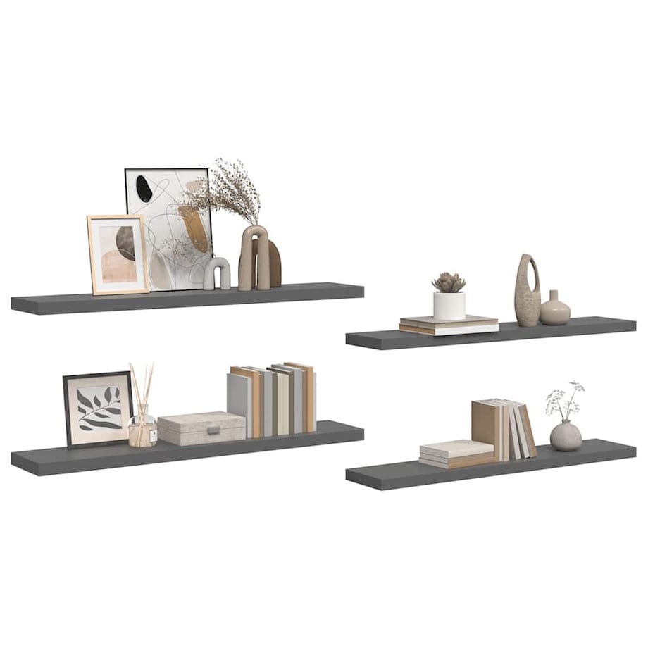 vidaXL Półki ścienne, 4 szt., wysoki połysk, szare, 120x23,5x3,8 cm