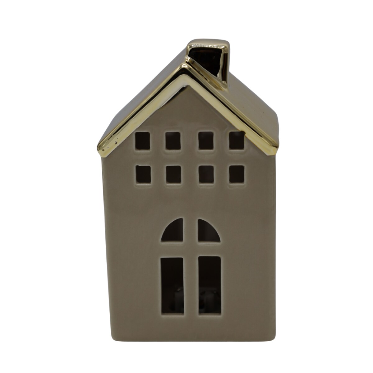 Domek ceramiczny LED, beżowy ze złotym dachem, 9x8,1x15,1 cm
