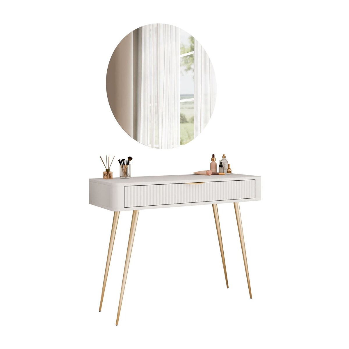 Toaletka SCARLETT z okrągłym lustrem z oświetleniem LED, beżowa