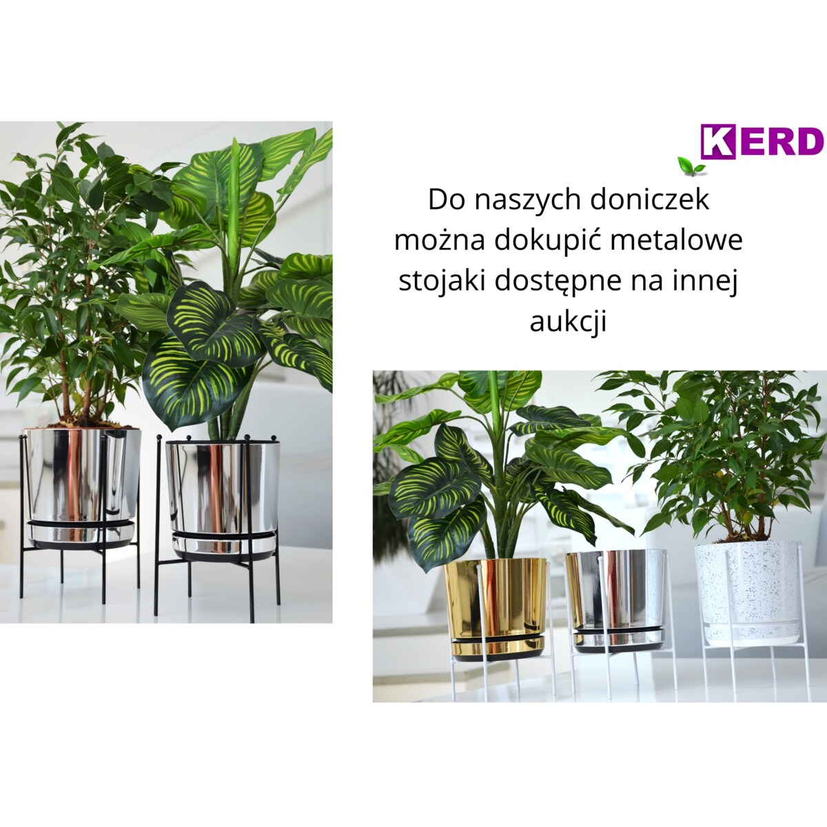 18 Doniczka DUO ZIELONA z podstawką ZŁOTA dwukolorowa nowoczesna glamour wysoki połysk metaliczna elegancka