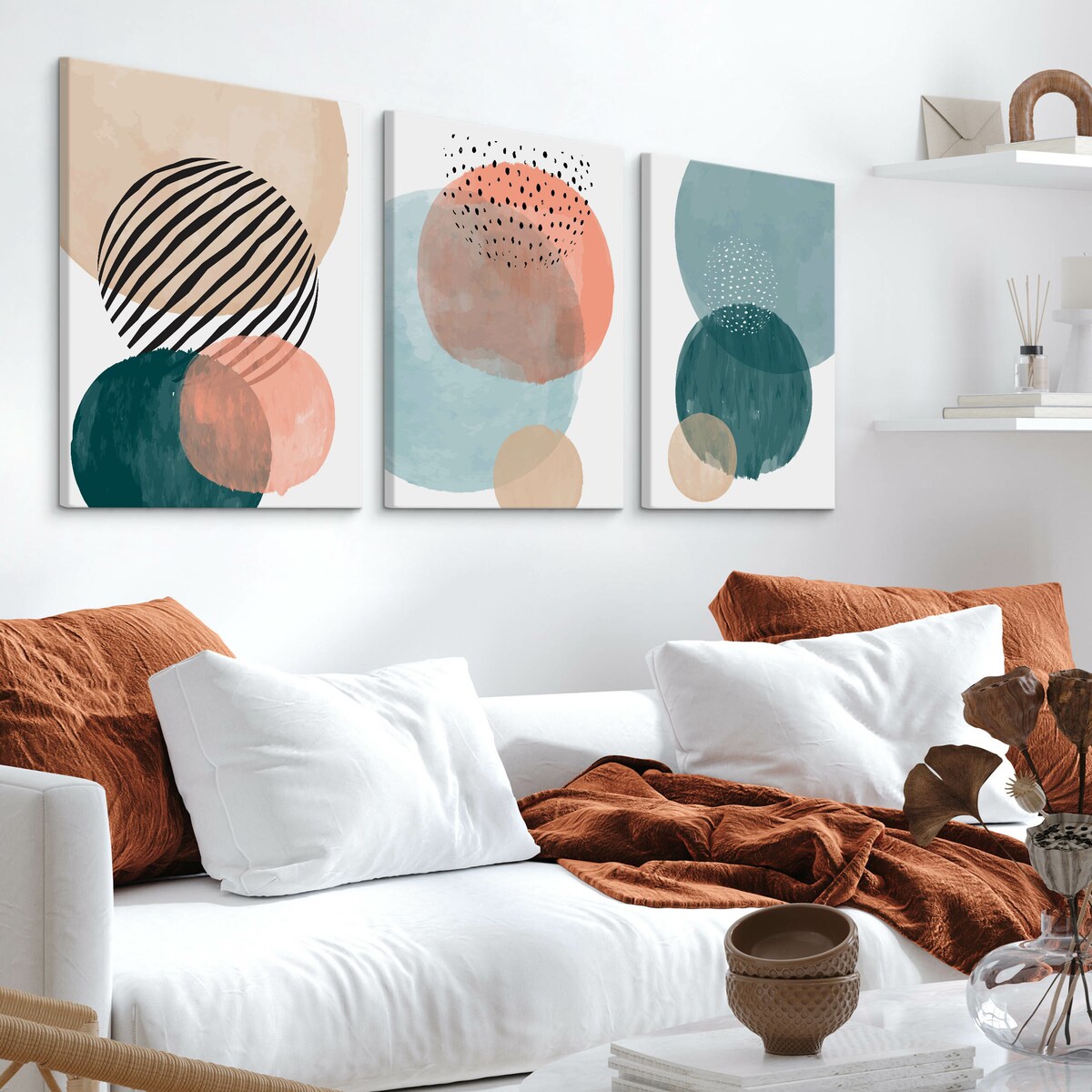 OBRAZY DO SALONU SET AKWARELE KOŁA ABSTRAKCJA MINIMALIZM 90x40cm