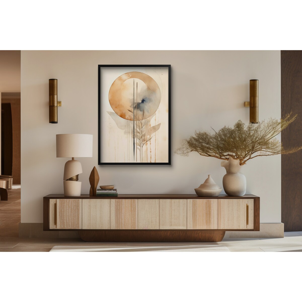 Nowoczesny Plakat Obraz na ścianę do salonu Beżowa Abstrakcja Boho Japandi