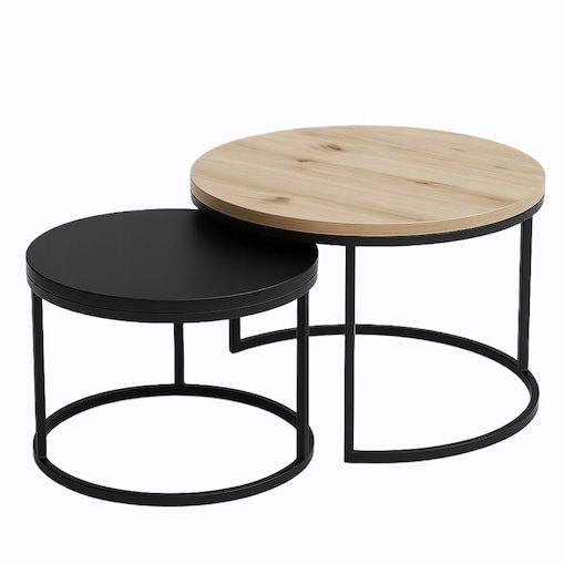 Stolik Kawowy Do Salonu LOFT 2w1 DĄB ARTISAN + CZARNY Okrągły Zestaw