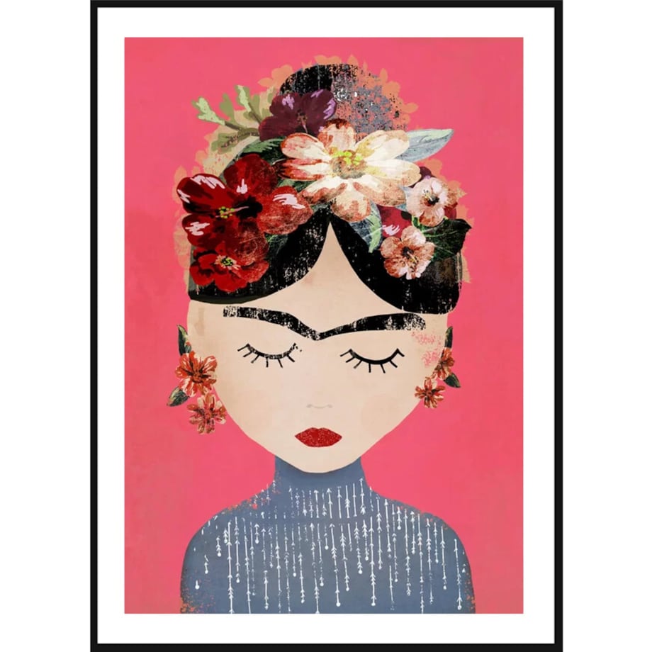 Poster Story, Plakat, Obraz - Frida Kahlo Art na Malinowym Tle, wymiary 60 x 84 cm
