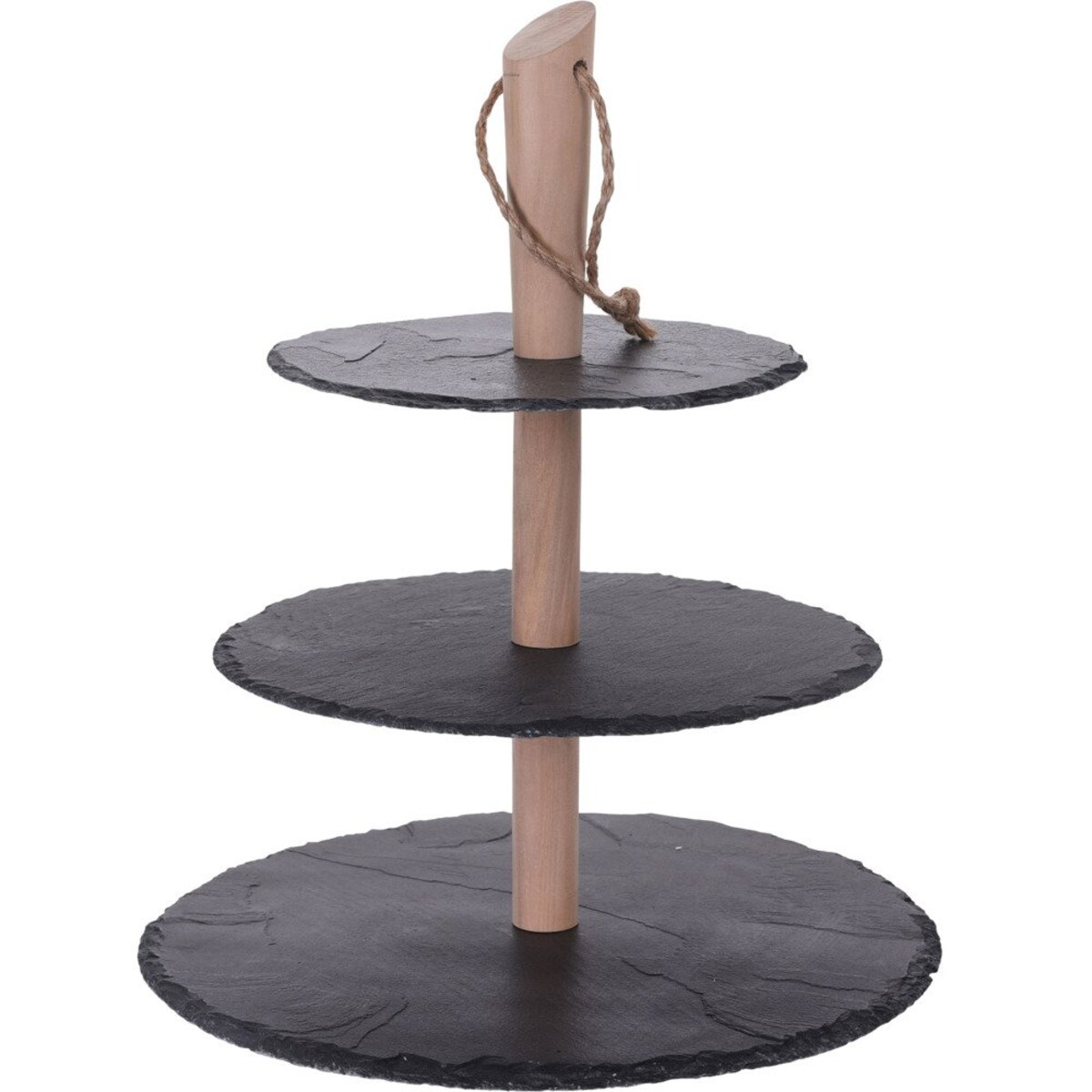 Kamienna patera na ciasta i przekąski, 3 poziomy, drewniany uchwyt