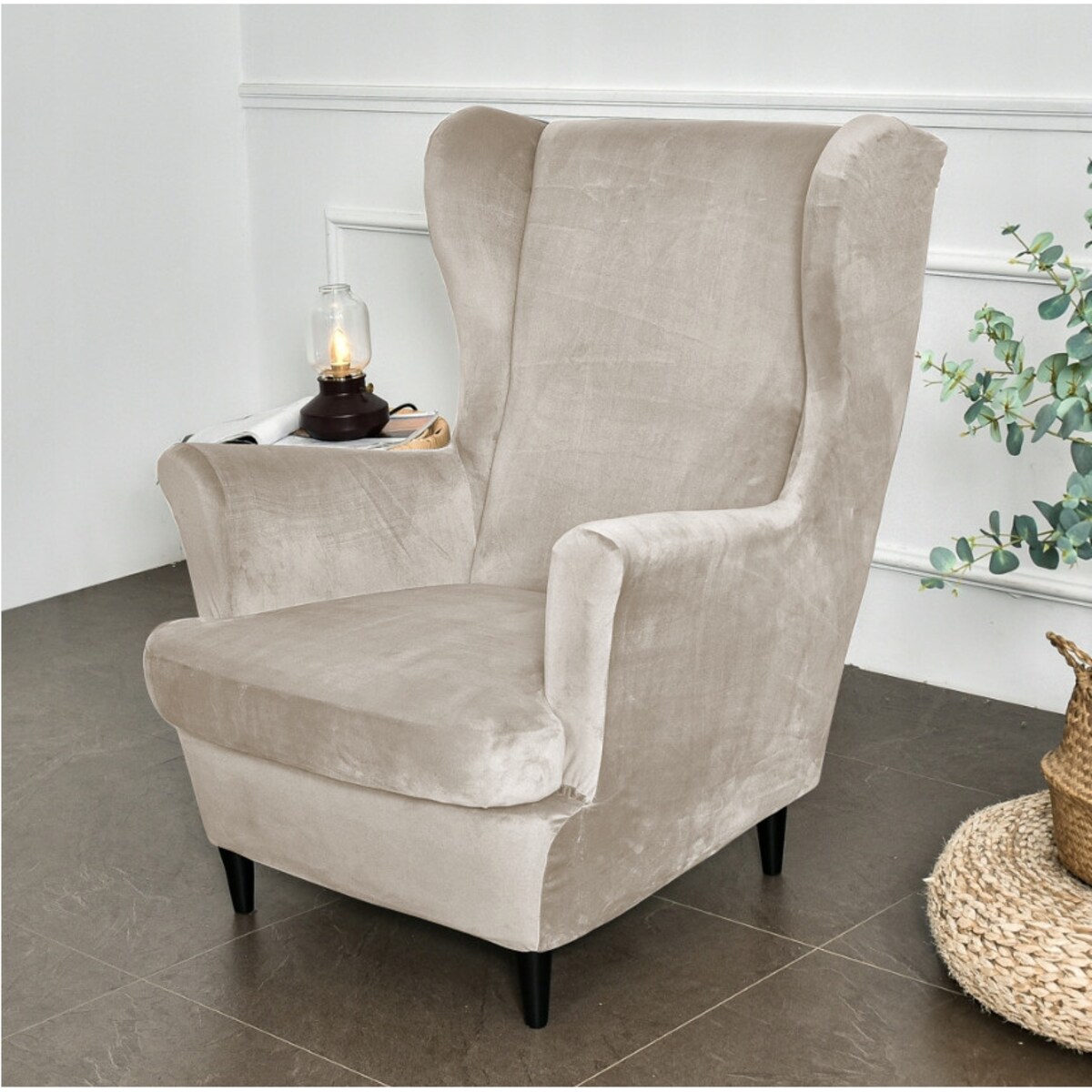 POKROWIEC NA FOTEL USZAK CHŁODNY BEŻ WELUR ELASTYCZNY [22E12]