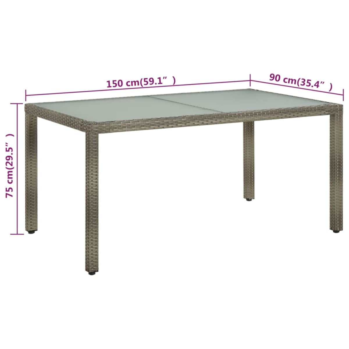 vidaXL Stół ogrodowy, 150x90x75 cm, szkło hartowane i rattan PE, szary