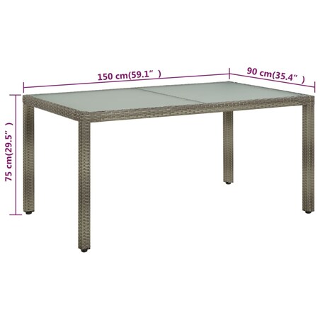 vidaXL Stół ogrodowy, 150x90x75 cm, szkło hartowane i rattan PE, szary