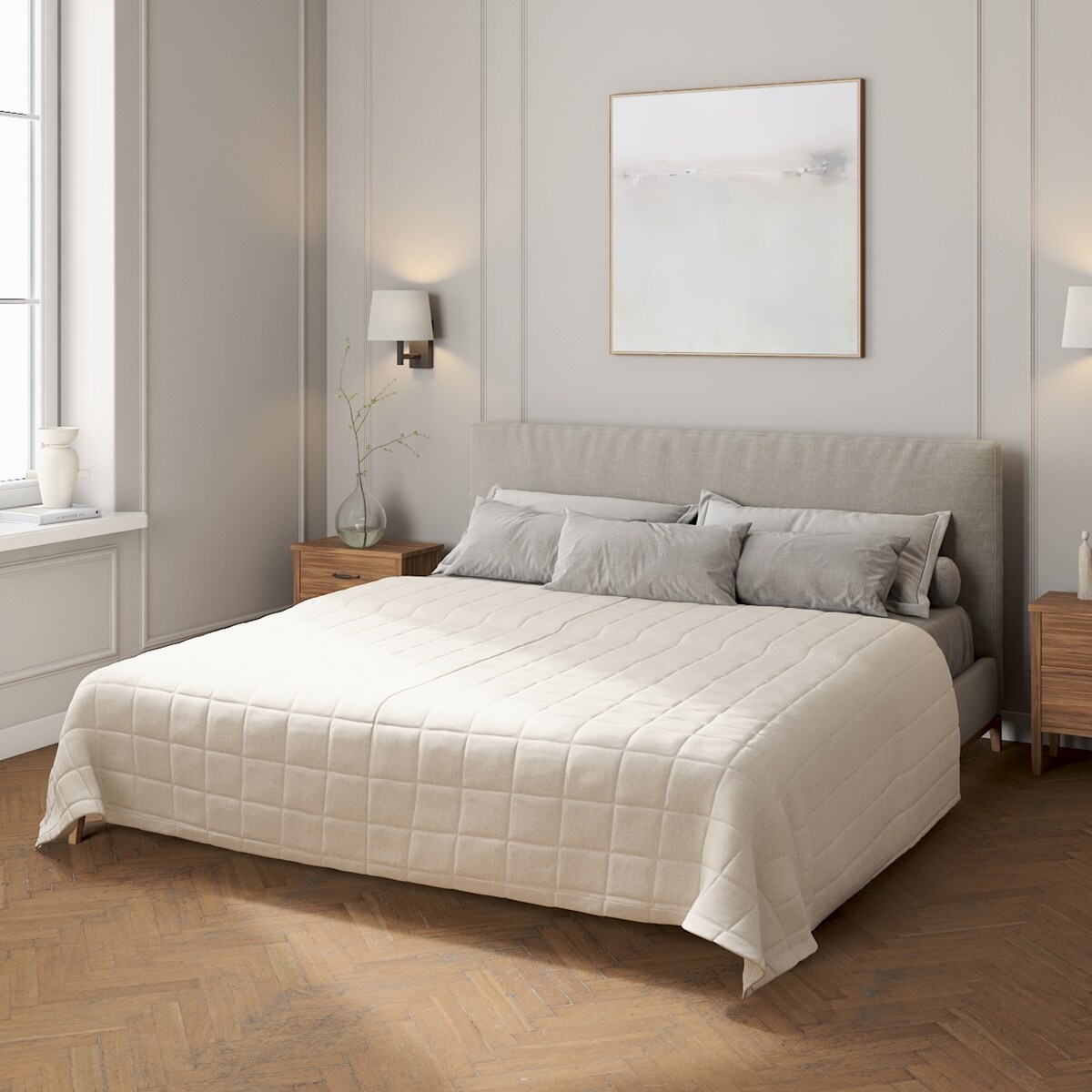 Narzuta pikowana w kratę 200x210 melanż szaro-beżowy