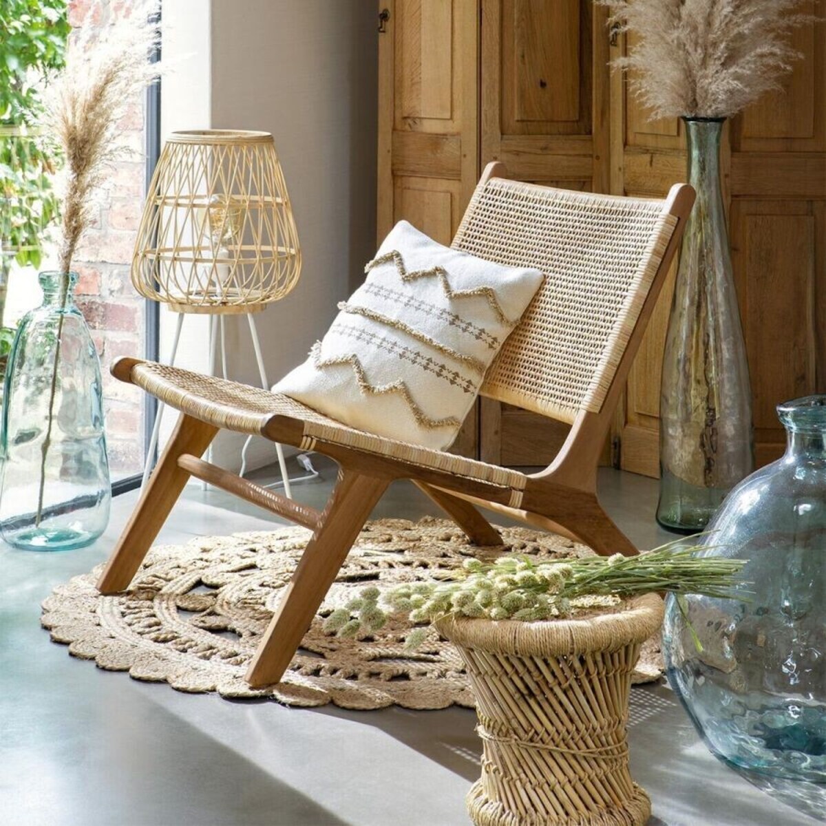 Fotel boho tekowy z plecionką Ilan